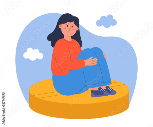 Sad cartoon girl sitting on giant pill or antidepressant. Depressed woman taking hormonal drugs against anxiety flat vector illustration. Depression, medication concept for banner or landing web page