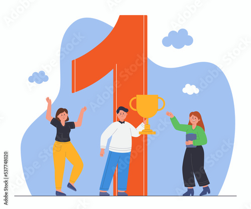 Business employee holding trophy for first place in competition. Award ceremony flat vector illustration. Challenge, victory, success concept for banner, website design or landing web page
