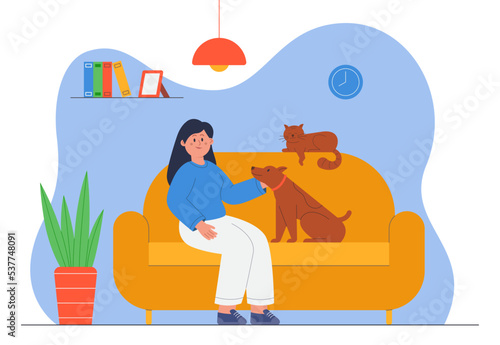Cartoon woman smiling while sitting on sofa with cat and dog. Happy girl and adorable animals in cozy room at home flat vector illustration. Pets, love concept for banner or landing web page