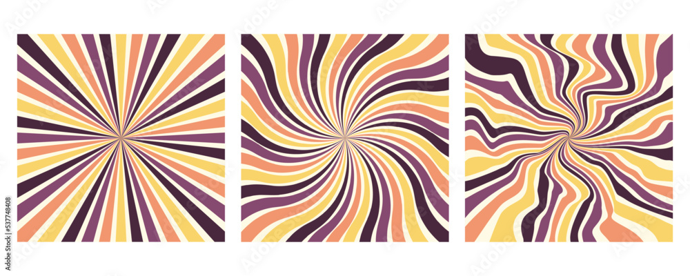 Groovy background. Retro swirl burst. Spiral background. Pattern in 1970s hippie style. Art in vintage color palette, swirl stripes. Psychedelic stock vector illustration of 60s
