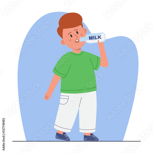 Cartoon boy drinking milk from glass bottle. Cute child holding yummy white drink in hand flat vector illustration. Health, diet, healthy food or breakfast concept for banner or landing web page