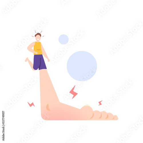 a man with swelling of the leg. swollen foot. Symptoms of elephantiasis, diabetes, lymphedema, blood clots, injuries or sprains. health problems. character illustration concept design