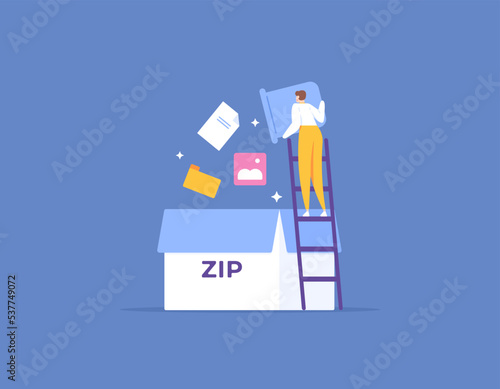 compressed files. data compression. people make multiple files into one file. create zip files. document management. illustration concept design