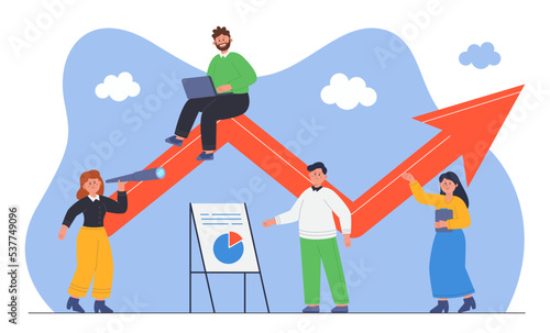 Team of tiny cartoon company people with balanced scorecard. Business boost or progress, up arrow, office persons with plan and aim flat vector illustration. Teamwork, success, achievement concept