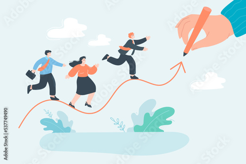 Team of business people on increasing hand drawn line. Company stuff improving strategy and marketing plan, increasing sales, growing up together flat vector illustration. Leadership, trend concept