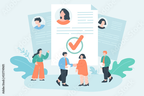 Business people talking with customers flat vector illustration. Tiny people studying information about clients before making banking transactions to prevent risks. KYC or know your customer concept