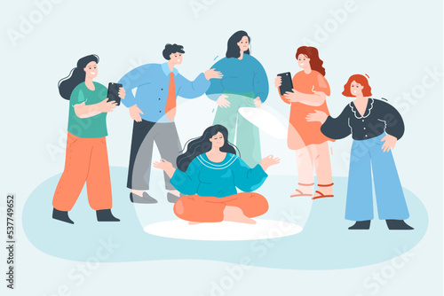 Girl avoiding contact with crowd, sitting in glass bubble. Woman meditating, sitting in lotus position, separating from noisy people, rejecting interaction flat vector illustration. Meditation concept
