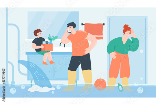 Family having overflow in bathroom flat vector illustration. Crying and desperate wife, husband and kid standing in water, calling plumber. Broken pipe at home. Emergency, water leak concept