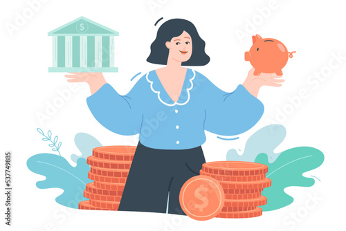Woman holding bank and piggybank flat vector illustration. Girl planning budget, thinking about investing in bank or saving money, choosing between bank loan and savings. Finance literacy concept