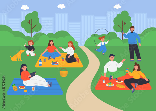 Landscape of summer city park with happy people on picnic. Families with children spending time in nature flat vector illustration. Outdoor activity, leisure concept for banner, website design
