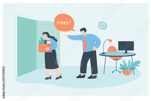 Angry businessman dismissing sad employee. Fired unhappy woman with stress leaving office place of work with box flat vector illustration. Unemployment, bad job, layoff crisis in company concept