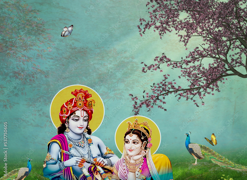 Hindu Lord Radha krishna oil painting wallpaper background for photomural  print Stock Illustration | Adobe Stock