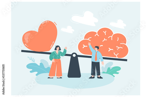 Tiny people comparing brain vs heart on balance scales. Man and woman balancing between gut reactions or feelings and logical thinking flat vector illustration. Logics, intuition, pragmatism concept