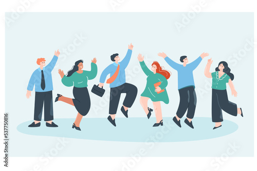 Happy team of office workers jumping with joy and laughing. Professional corporate business people celebrating victory and achievement in work flat vector illustration. Job, success career concept