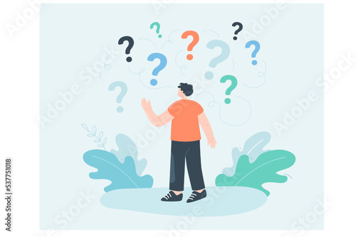 Process of making right business decision for man. Confused tiny person thinking, looking at question marks above head flat vector illustration. Future goal, success idea, difficult choice concept