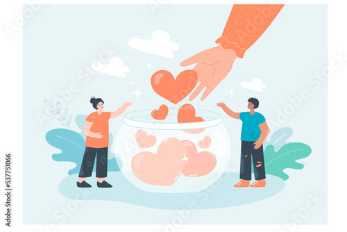 Generous hand giving heart to donation glass jar for poor people. Help, love and social support from community to tiny persons flat vector illustration. Charity campaign, humanitarian aid, concept