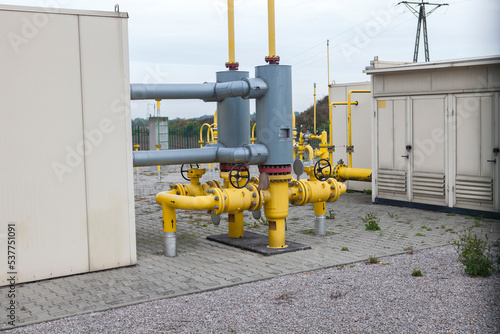 Gas industry, gas transport system. Gas pipeline. Gas pipes, stop valves and appliances for gas pumping station