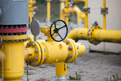 Gas industry, gas transport system. Gas pipeline. Gas pipes, stop valves and appliances for gas pumping station