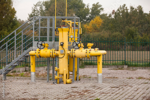 Gas industry, gas transport system. Gas pipeline. Gas pipes, stop valves and appliances for gas pumping station