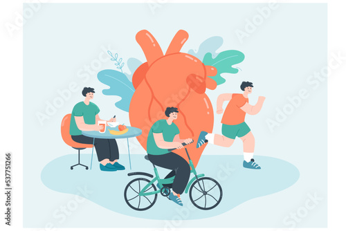 Lifestyle, sport and diet for cardiovascular health of people. Tiny man eating healthy food, riding bike and running near human heart flat vector illustration. Medicine, fitness exercises concept