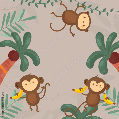 Birthday card with monkey for celebration design. Tropical design with palm and banana leaves. Happy birthday flyer with empty space . Vector illustration