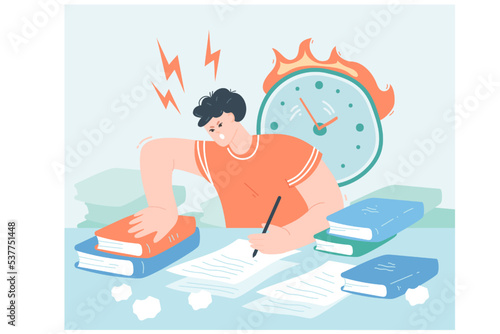 Angry student studying at night at home flat vector illustration. Sad male character taking test, working hard, doing writing assignment, preparing for exam. Knowledge concept