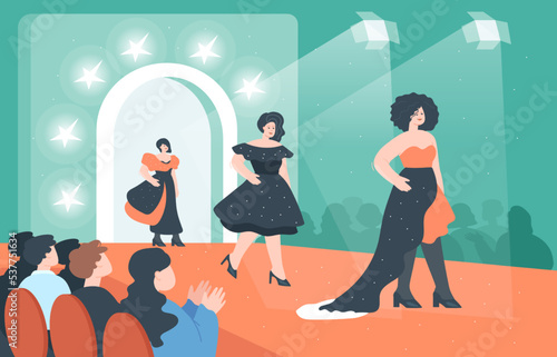 Female models walking runaway flat vector illustration. Beautiful women in dresses standing on catwalk in front of crowd of people or audience, posing and smiling. Fashion show, event concept