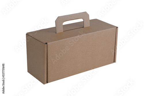 A case with a handle made of corrugated cardboard on a white background. Eco-friendly box for the delivery of products and goods.