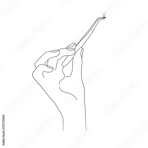 Outline woman hand holding tweezers for eyelash extensions. Vector contour artificial eyelashes, equipment and materials for salon beauty procedure. Professional tweezing by lashmaker