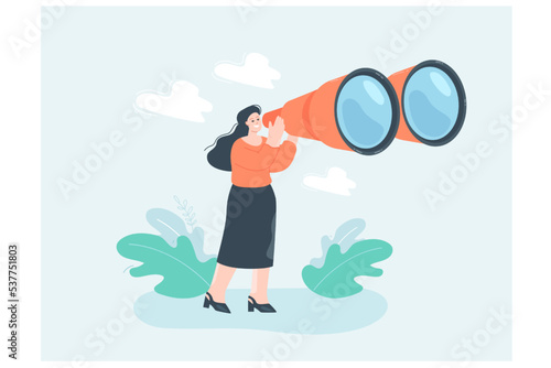 Female tourist looking through big binoculars far ahead. Search of tiny funny woman with lens for business ideas and perspectives in work flat vector illustration. Visionary, discovery, future concept