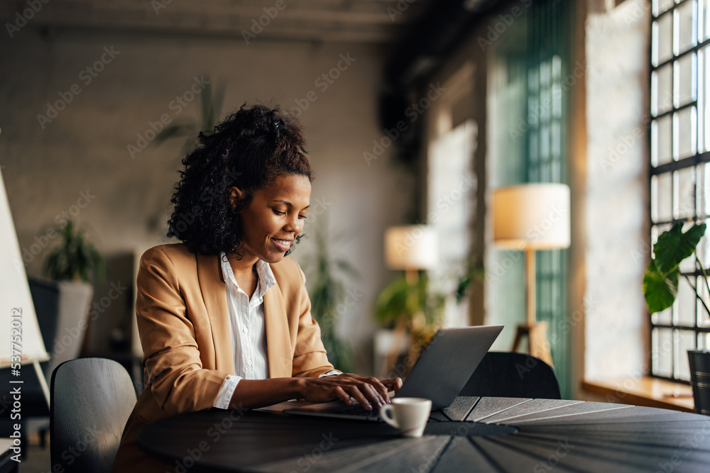 Smiling businesswoman working online, over the laptop. Smiling businesswoman working online, over the laptop.