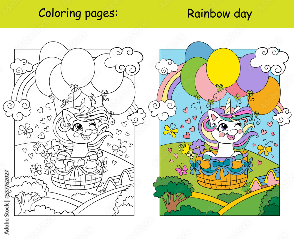 Fototapeta premium Cute unicorn flying on air balloons coloring and color