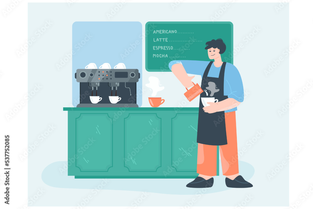 Male barista in apron making coffee with milk. Smiling man holding cup with hot drink in hands, standing at wooden counter of restaurant or bar flat vector illustration. Coffee shop, business concept Male barista in apron making coffee with milk. Smiling man holding cup with hot drink in hands, standing at wooden counter of restaurant or bar flat vector illustration. Coffee shop, business concept
