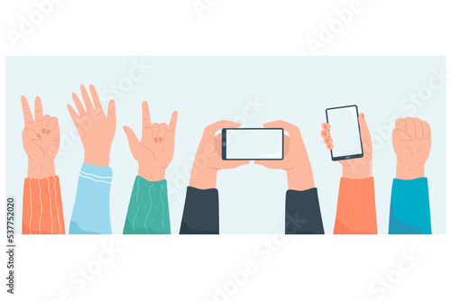 Many hands of audience holding phones on music event or concert. Crowd of fans recording video or taking photo on party or outdoor show flat vector illustration. Live festival, lifestyle concept