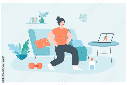 Virtual workout and stretching body of woman at home. Girl training with coach on video stream, doing fitness, yoga or pilates healthy exercises flat vector illustration. Bodyweight, sport concept