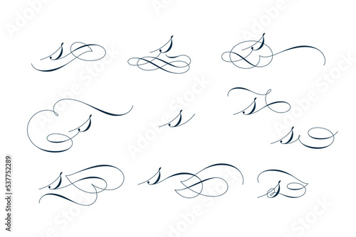 Set of beautiful calligraphic flourishes on letter s isolated on white background for decorating text and calligraphy on postcards or greetings cards. Vector illustration.