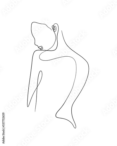 A nude woman back is drawn in one line art style. Romantic expression. Printable art.