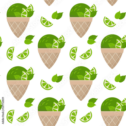 Sweet dessert wallpaper. Vector seamless pattern with lime and mint ice cream in waffle cone.