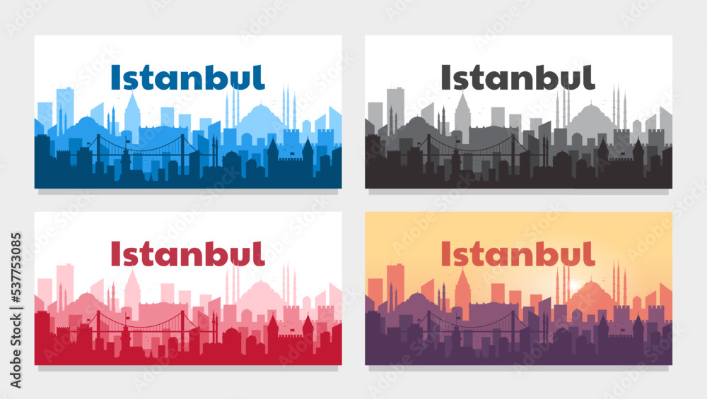 Istanbul Turkey concept. Silhouette of the city of Istanbul. 4 illustration options with a title. Travel concept. Vector illustration in a flat style.