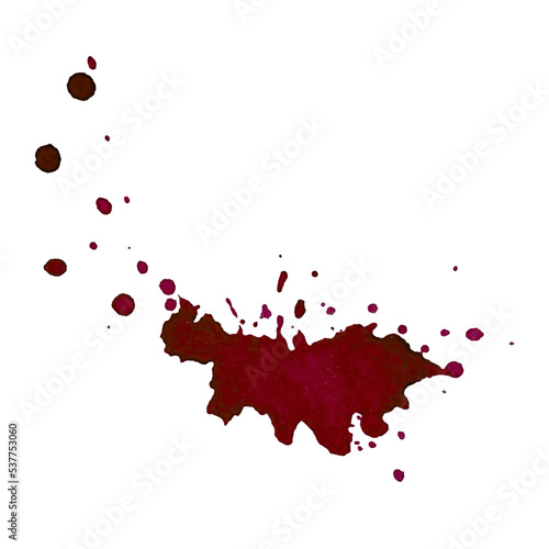 Drops of watercolor splashes, from wine, blood, paint, red burgundy color. High quality photo