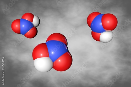 Molecular structure of nitric acid. Atoms are represented as spheres with conventional color coding: nitrogen (blue), oxygen (red), hydrogen (white). Scientific background. 3d illustration photo