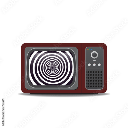 Old vintage TV-set and propaganda hypnosis circle on tv screen. Realistic retro tube TV with shadows. Screen with white circle for hypnotic people from TV propaganda.