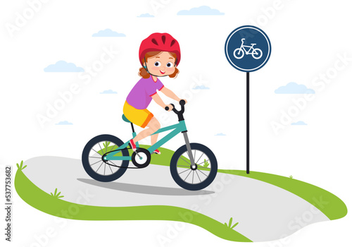 Traffic education. A cute little girl in a helmet rides a bike on a bike path. The concept of safety and compliance with the rules of the road. Bicycle sign and cyclist. Cartoon vector.