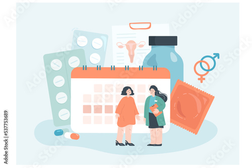 Gynecologist advising woman on methods of contraception. Tiny people standing with menstrual calendar, hormonal pills, condom flat vector illustration. Pregnancy control, fertility, medicine concept