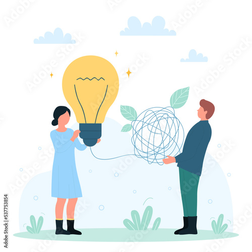 Idea, solution, insight management and creative mind progress vector illustration. Cartoon tiny people holding bright light bulb and messy knot of wire and cord, characters solve problem metaphor