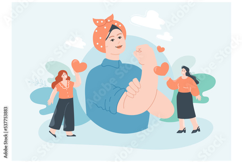Tiny female characters giving hearts to strong woman. Girl showing fist and biceps, empowering civil and gender rights flat vector illustration. Feminism movement, empowerment, girl power concept