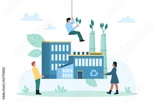 Eco friendly factory, green technology in industry vector illustration. Cartoon tiny people holding model of industrial building with natural plant leaf in chimney. Ecology, manufacturing concept