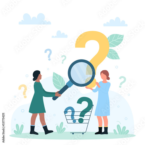 FAQ, online search for useful answers to questions vector illustration. Cartoon tiny woman looking through magnifying glass at question mark, user characters decide, analyze and inspect information