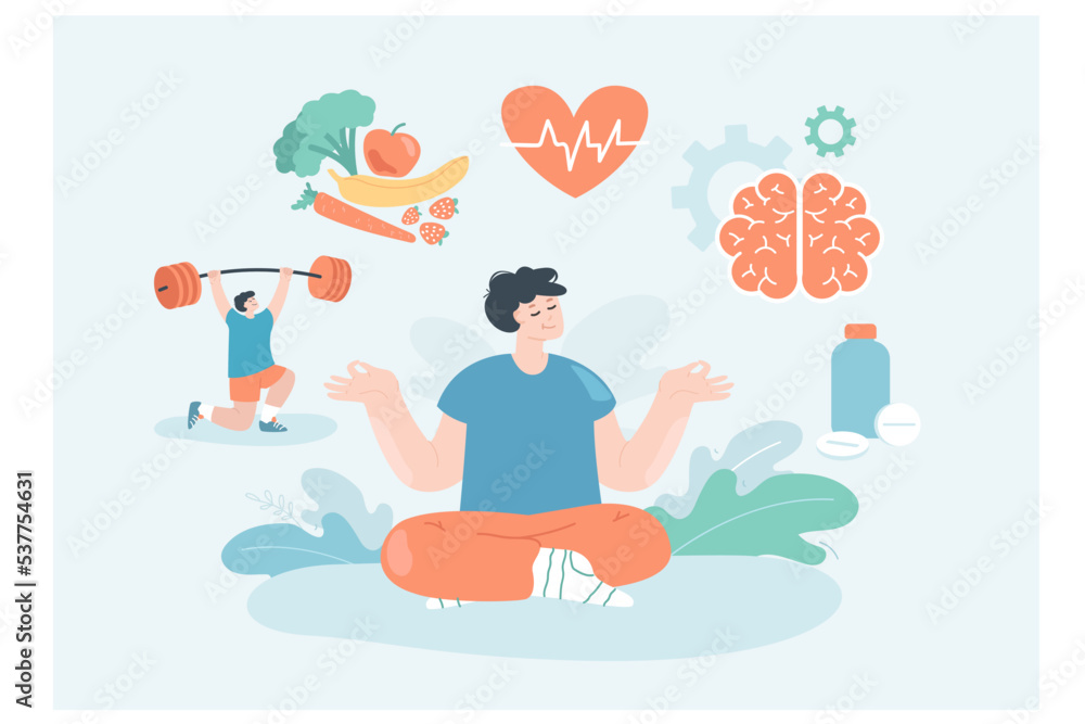 Healthy lifestyle and healing habits of meditating person. Man sitting in lotus position, doing yoga for balance and body health flat vector illustration. Mental health, wellness, harmony concept Healthy lifestyle and healing habits of meditating person. Man sitting in lotus position, doing yoga for balance and body health flat vector illustration. Mental health, wellness, harmony concept