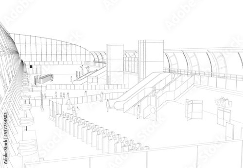The outline of the station from black lines isolated on a white background. Airport terminal with people. 3D. Vector illustration.